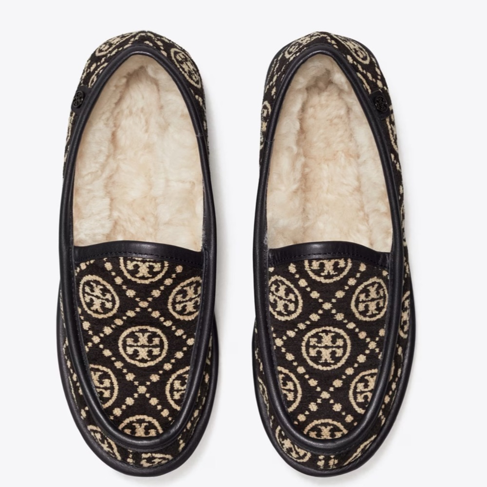 Tory Burch T Monogram Buddy Shearling Loafer Black Jacquard Slip-On 8 Flat